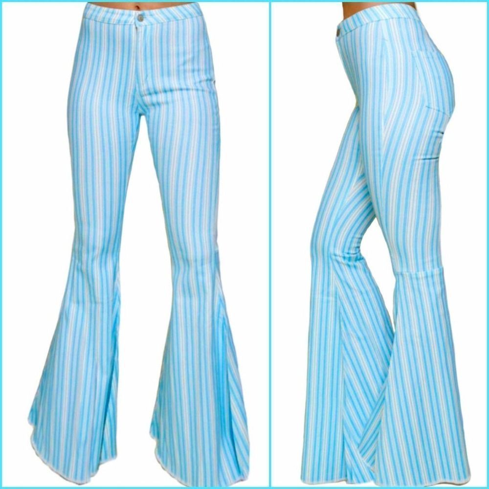 Turquoise Pin Striped Bell Bottom Jeans- 9164